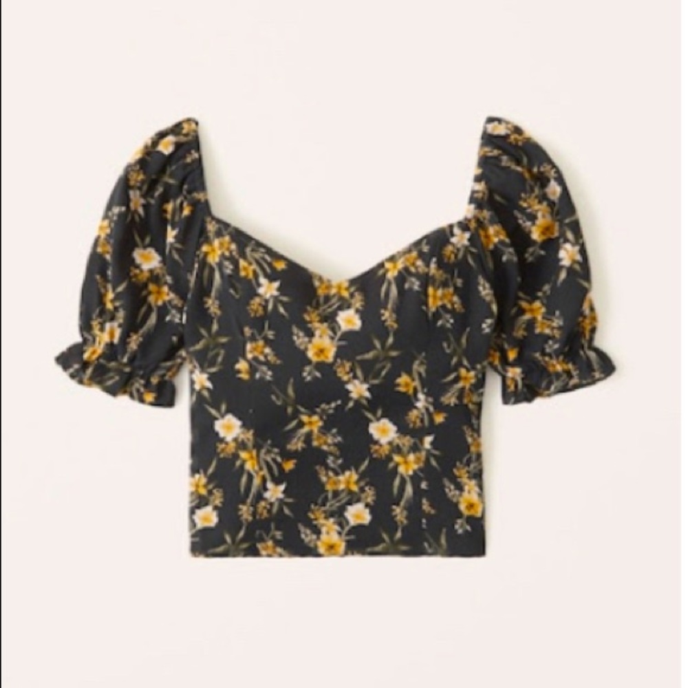 Abercrombie Puff Sleeve Sweetheart Blouse - Dark Grey Floral